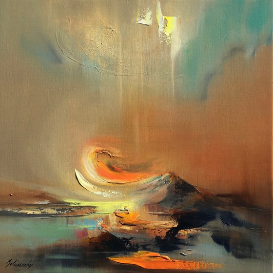 The Impossible Planet - 50 x 50 cm, abstract landscape painting in sienna