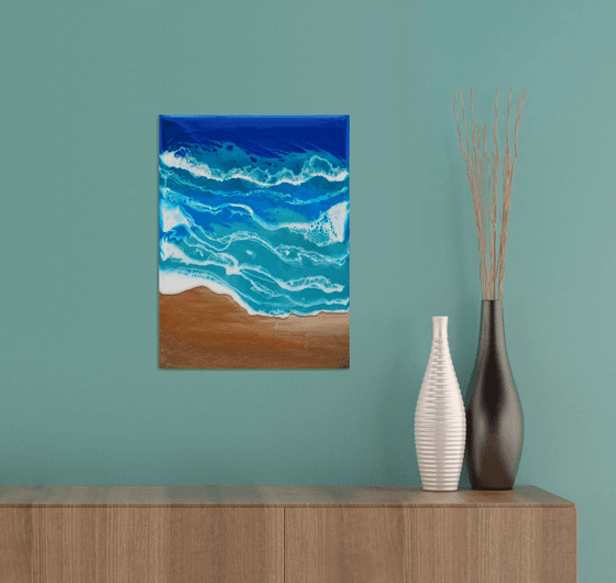 On the beach - original seascape artwork, epoxy resin on canvas