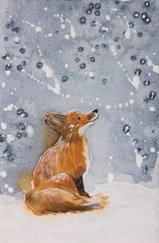 Fox portrait - Animal in the winter forest - Small watercolor on canvas - Framed artwork - Christmas gift idea