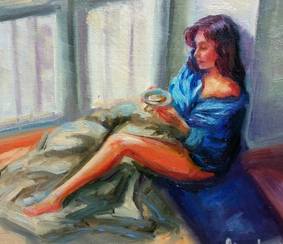 Woman Portrait Beautiful Girl Cup Of Coffee Window Sunshine Blue White
