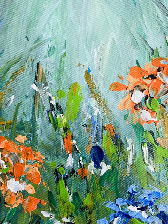 Oranje Blauwe Bloemen in Abstractie - Triptych