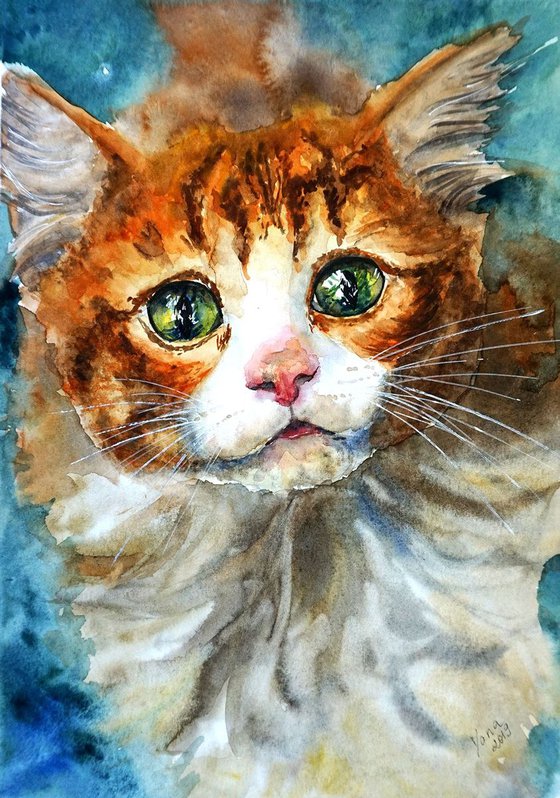 Realistic Cute Cat in Watercolor - ORIGINAL Painting