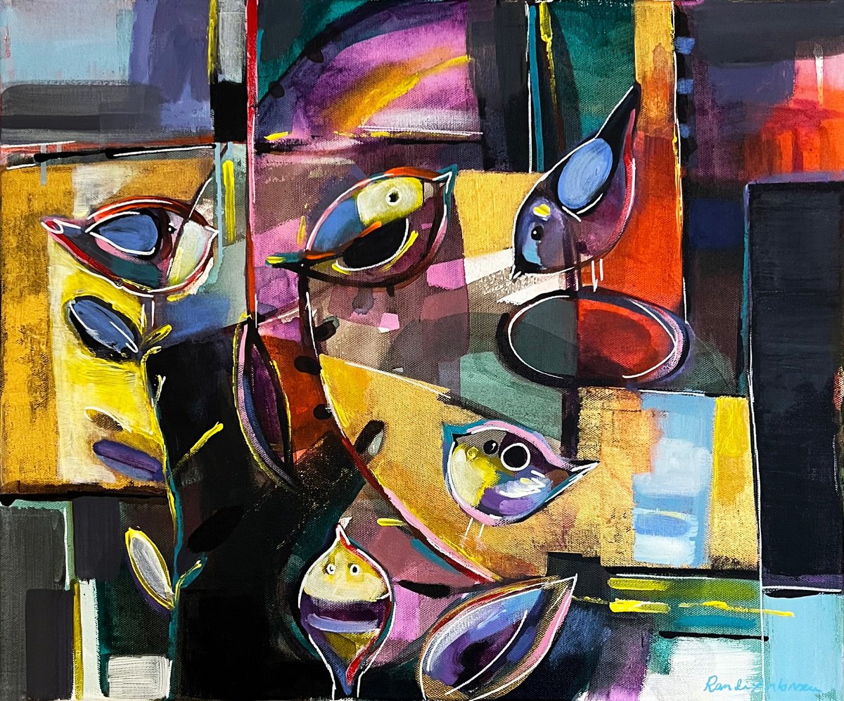 Organic Animal Acrylic Painting By Randi Antonsen, 22 X 18", Spring Birds, Original Artwork