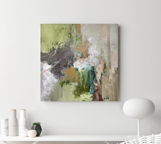 "Olive Hill 2" Green silver abstract art