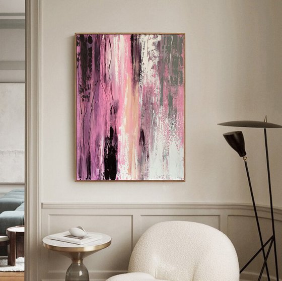 Pink SunSet  Landscape Gray White Abstract Art.