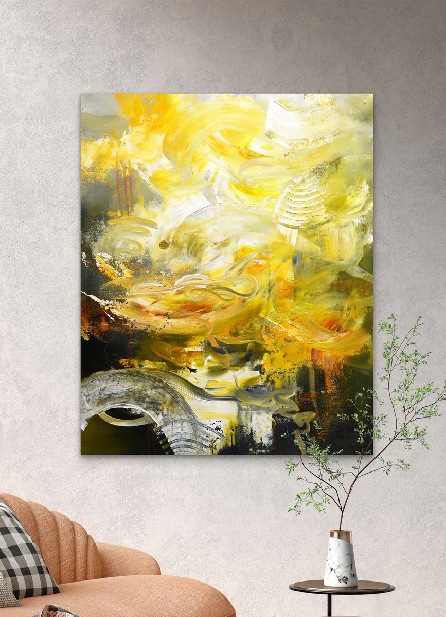 Abstract Acrylic Painting By Andrada Anghel, 24 X 30, Sunflowers By The Pond, Original Artwork