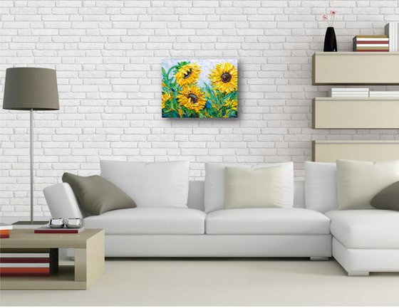 Sunflowers in the morning - Original Floral Painting on Canvas, Palette Knife Art, Textured Impasto Artwork