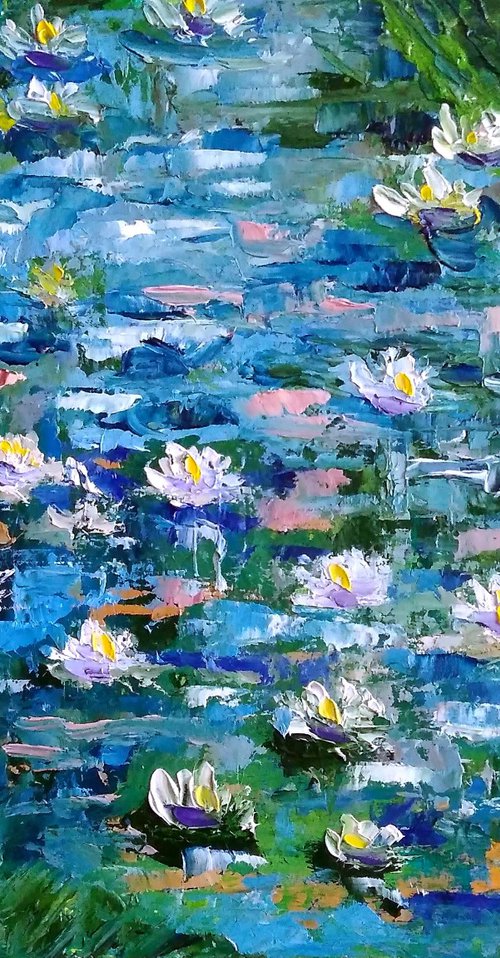Water Lily Painting Original Art Monet Pond Landscape Artwork Impasto Floral Wall Art by Yulia Berseneva