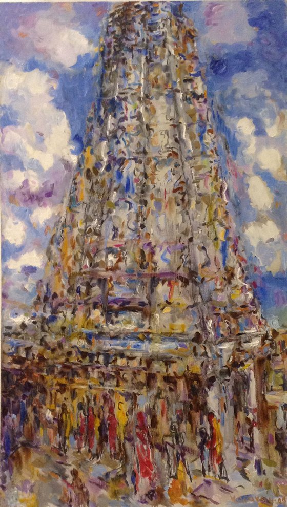 MYLAPORE. INDIAN TEMPLE - original oil painting,  landscape,  pagoda India, architecture