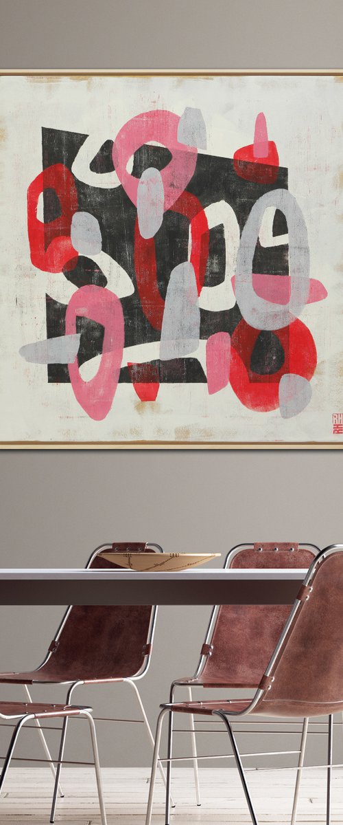 Round & Round in Red - Incl Frame - 95 x 95 cm - Ronald Hunter - 10J by Ronald Hunter