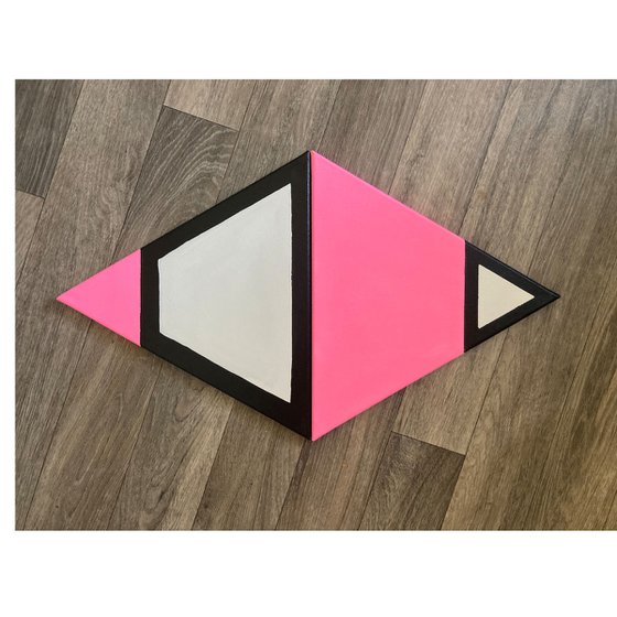 2 x Original Modern Abstract Geometric Op Art Framed Triangle Shaped Canvas Painting