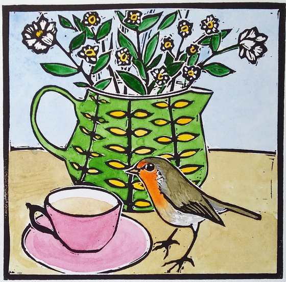 Mr Robin comes to tea linocut