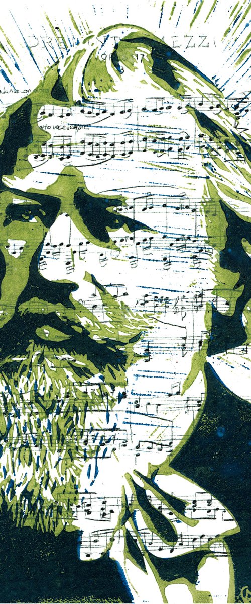 Composers - Brahms - Portrait on notes in green and blue by Reimaennchen - Christian Reimann