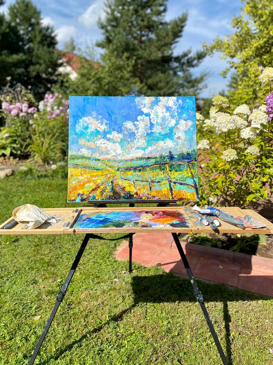 Fields - Yellow mood, 50*60 cm, impasto impressionistic landscape oil painting in yellow and blue colours