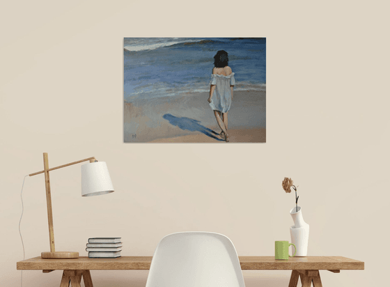 Blue Waters-Impressionist beach figure oil sea painting. 45x61cm.