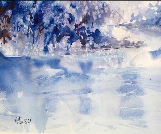 Winter phantasy. Frozen landscape with snow, mountain and frozen lake. Original watercolor. Medium size watercolor natural sky blue dramatic impressionism impression decor