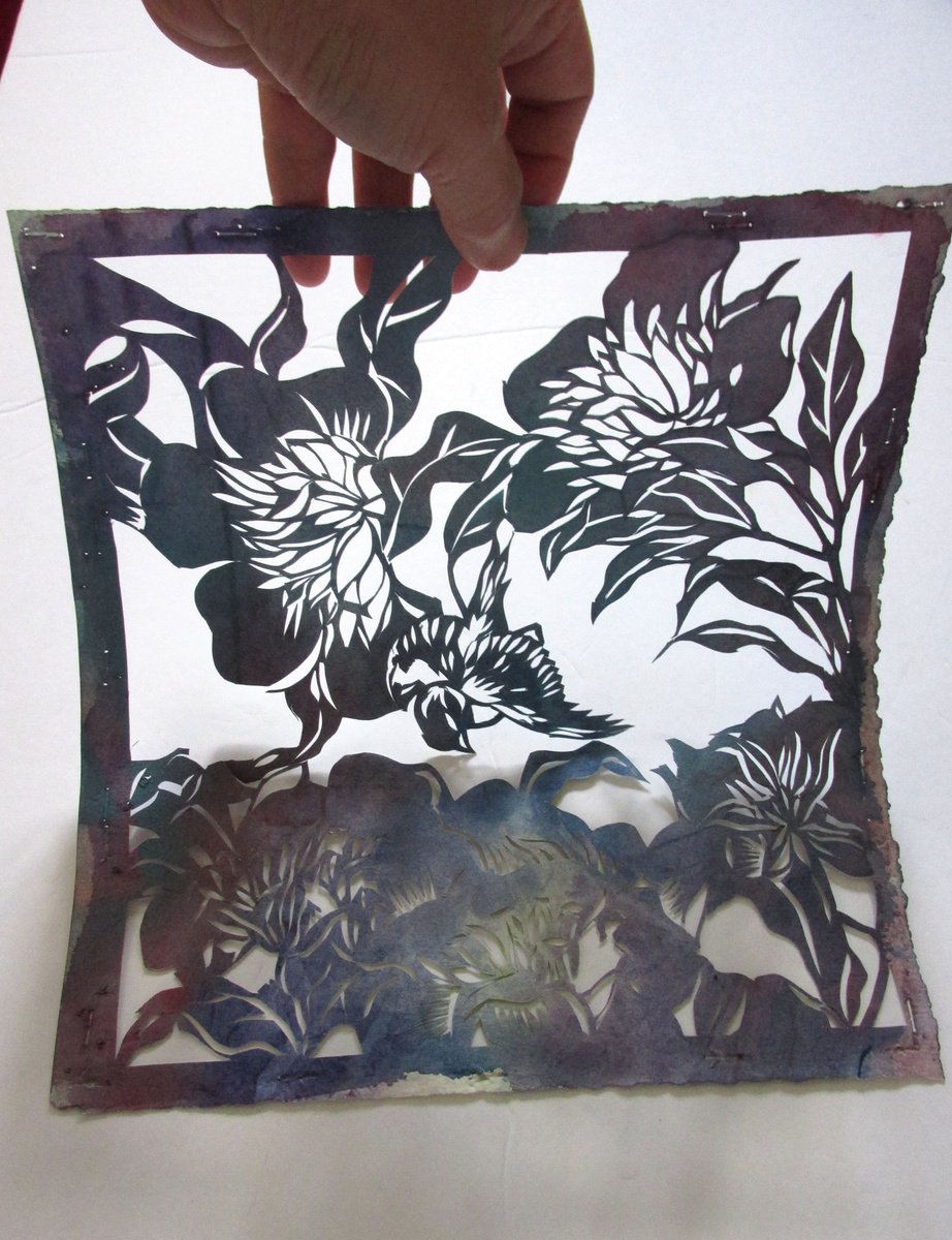 Illustrative Botanical Watercolour By Alfred Ng, 11 X 10, Blue Bird With Peony Watercolor Papercut, Original Artwork