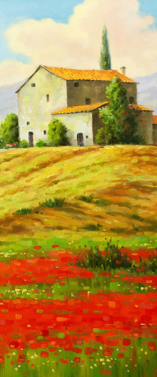 Poppy field in Tuscany (Modern Impressionistic Landscape Oil Painting, Gift for nature lovers) by Yaroslav Sobol