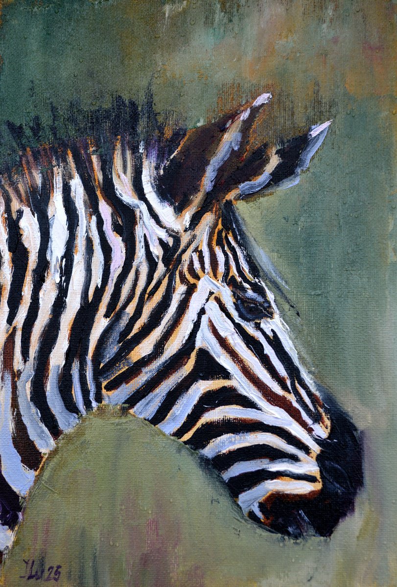 Expressive Animal Oil Painting By Elena Lukina, 8 X 12, Zebra In Profile, Original Artwork