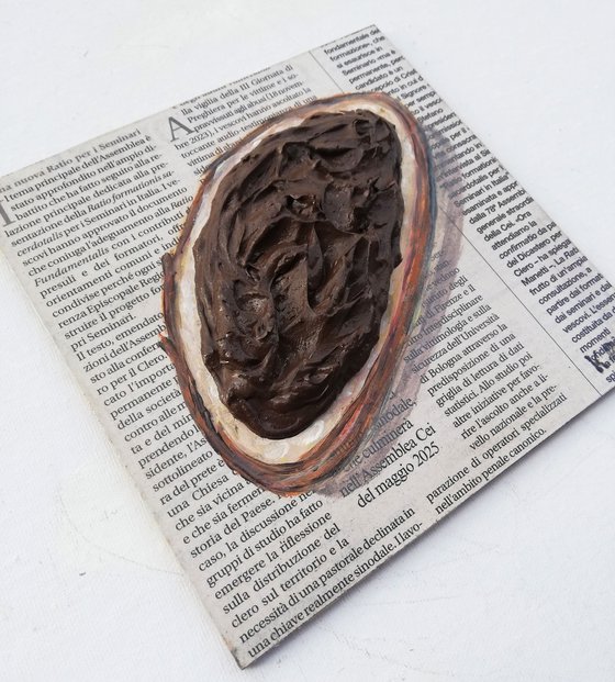 "Oval Toast with Chocolate Cream" Original Acrylic on Wooden Board Painting on Newspaper 6 by 6 inches (15x15 cm)