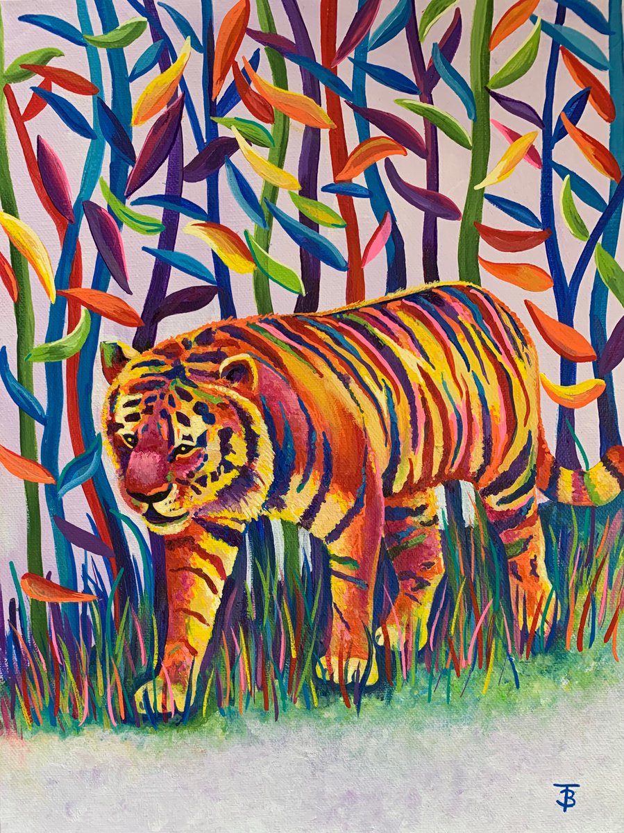 Illustrative Animal Acrylic Painting By Tiffany Budd, 15 X 19", The Tigers Walk, Original Artwork