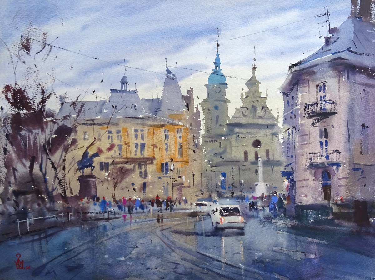 Impressionistic Cityscapes Watercolour By Maksym Kisilov, 19 X 14", ,,Bernardine Monastery,,, Original Artwork
