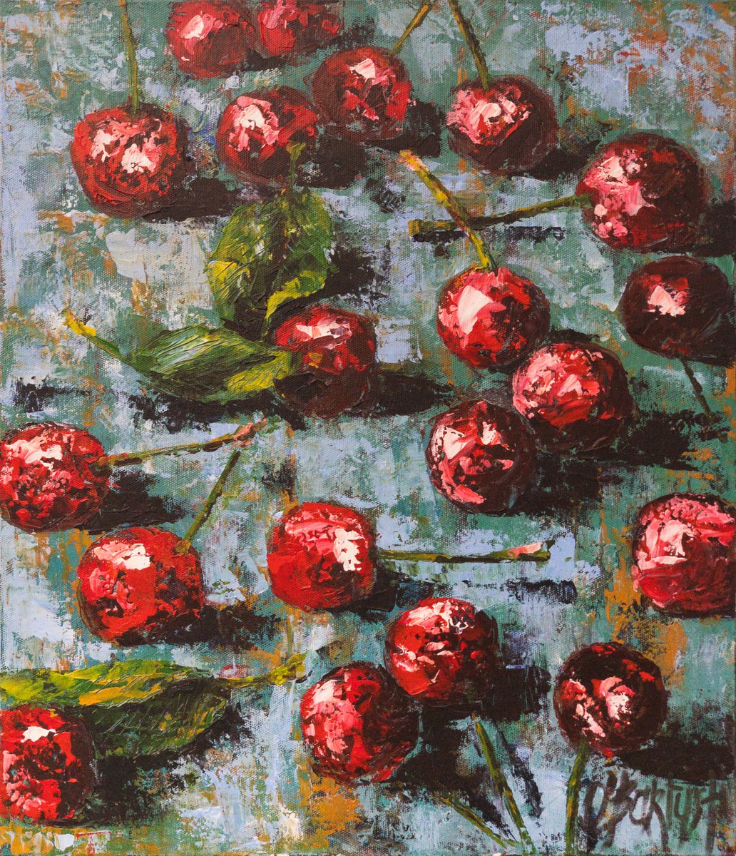 Cherries - acrylic painting on canvas food summer fruits berries original gift home decor... by Olga Bartysh