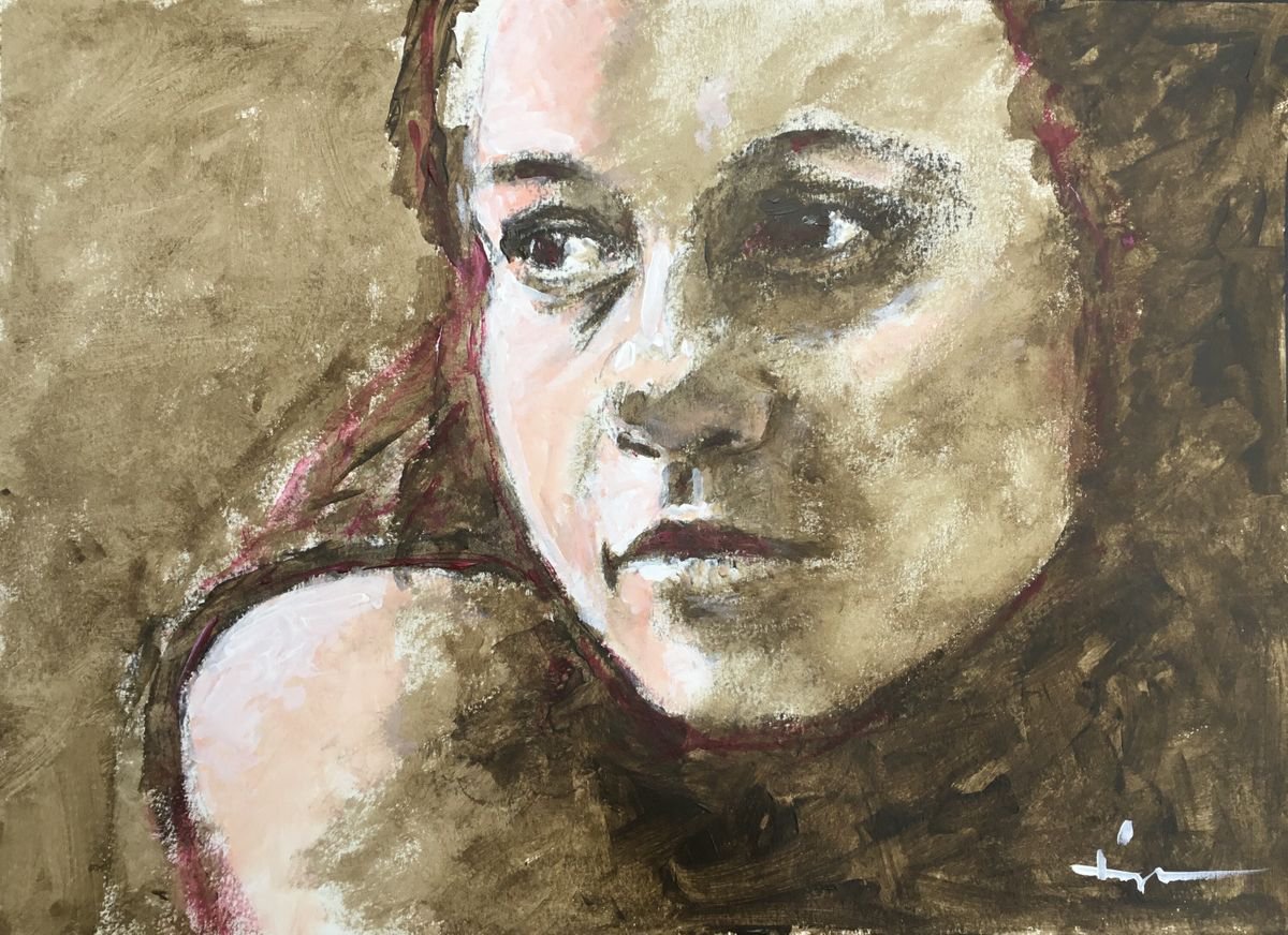 Expressive Portrait Acrylic Painting By Dominique Deve, 16 X 12, The Shoulder, Original Artwork