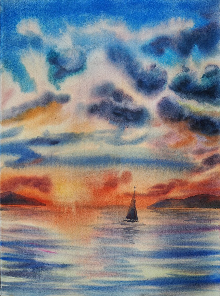Rainy season - original seascape watercolor painting by Delnara El