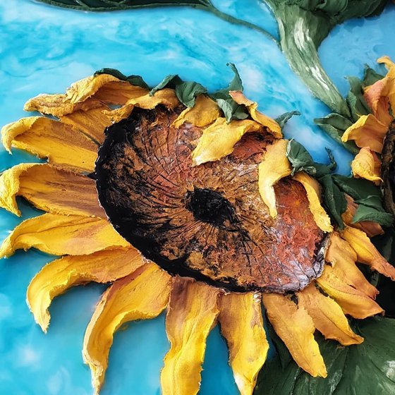 Yellow sunflowers in a vase - bright flowers in a large luxurious painting, turned from a Van Gogh bouquet in vase painting into a bas-relief epoxy art, 70x100x8 cm.