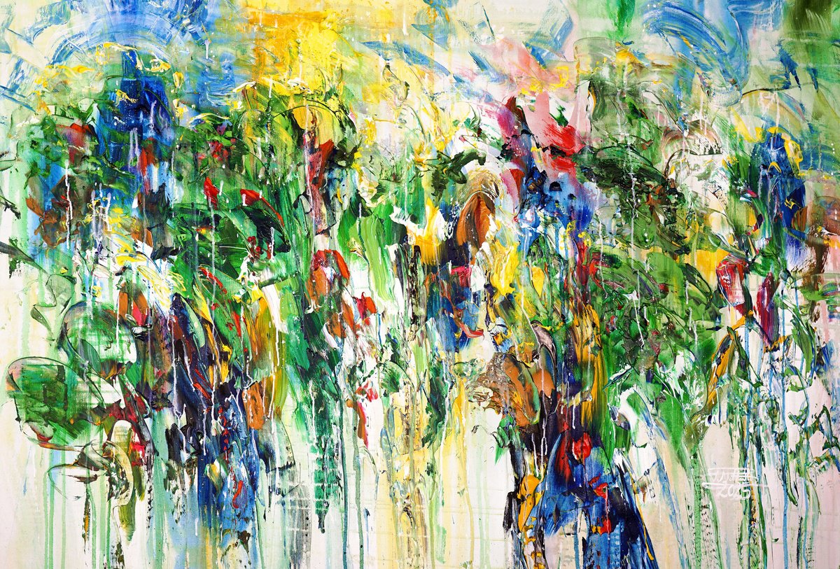 Abstract Acrylic Painting By Peter Nottrott, 61 X 41", Green Symphony D 1, Original Artwork