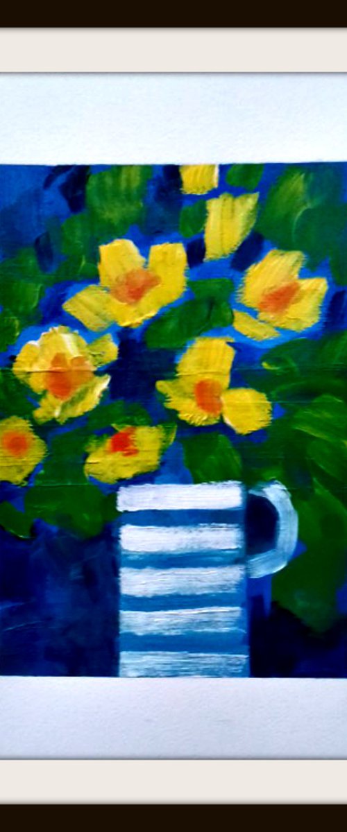 Daffodils in a Cornishware Jug by Jan Rippingham