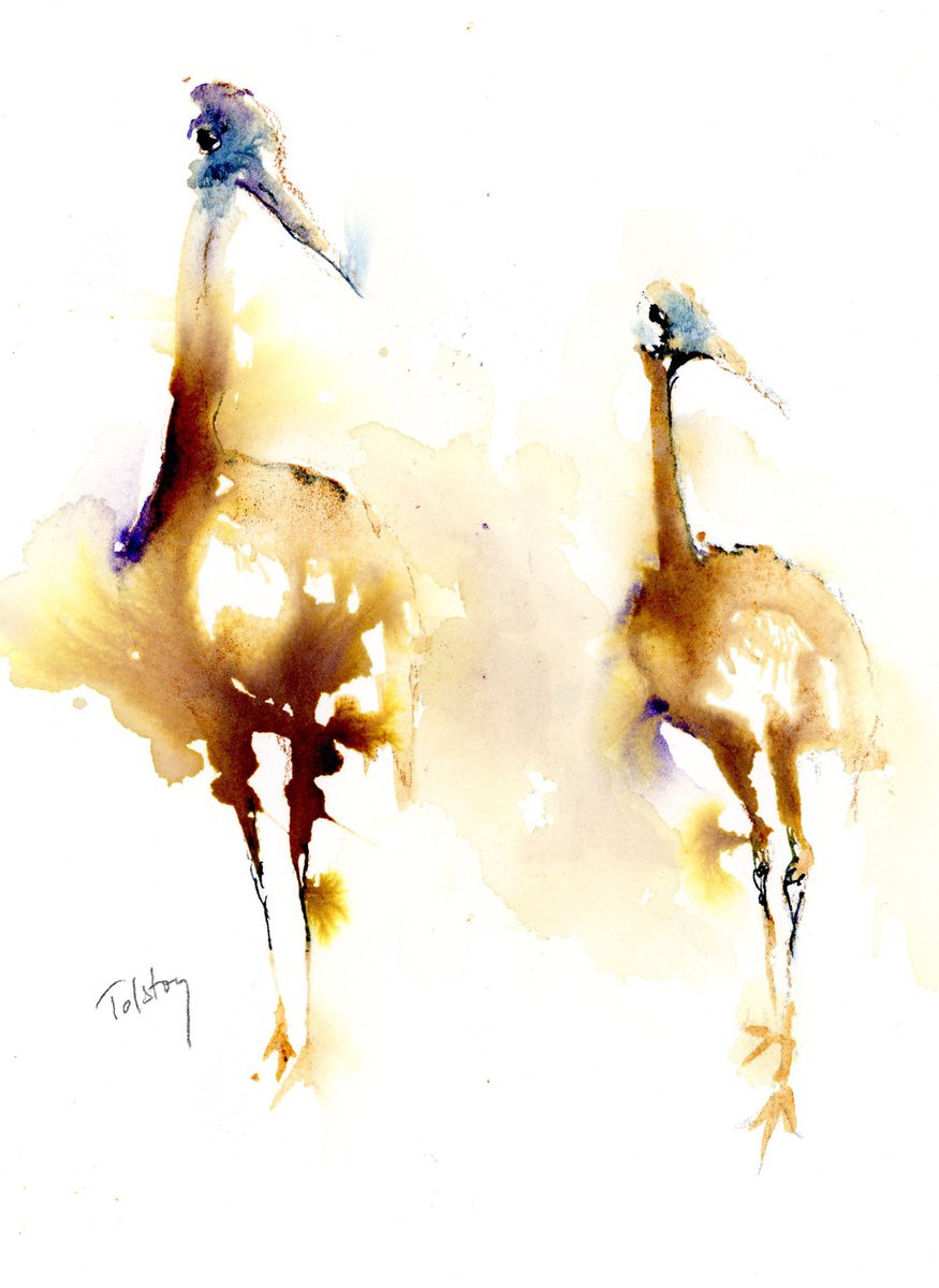 Impressionistic Animal Watercolour By Alex Tolstoy, 10 X 14, Cranes, Original Artwork