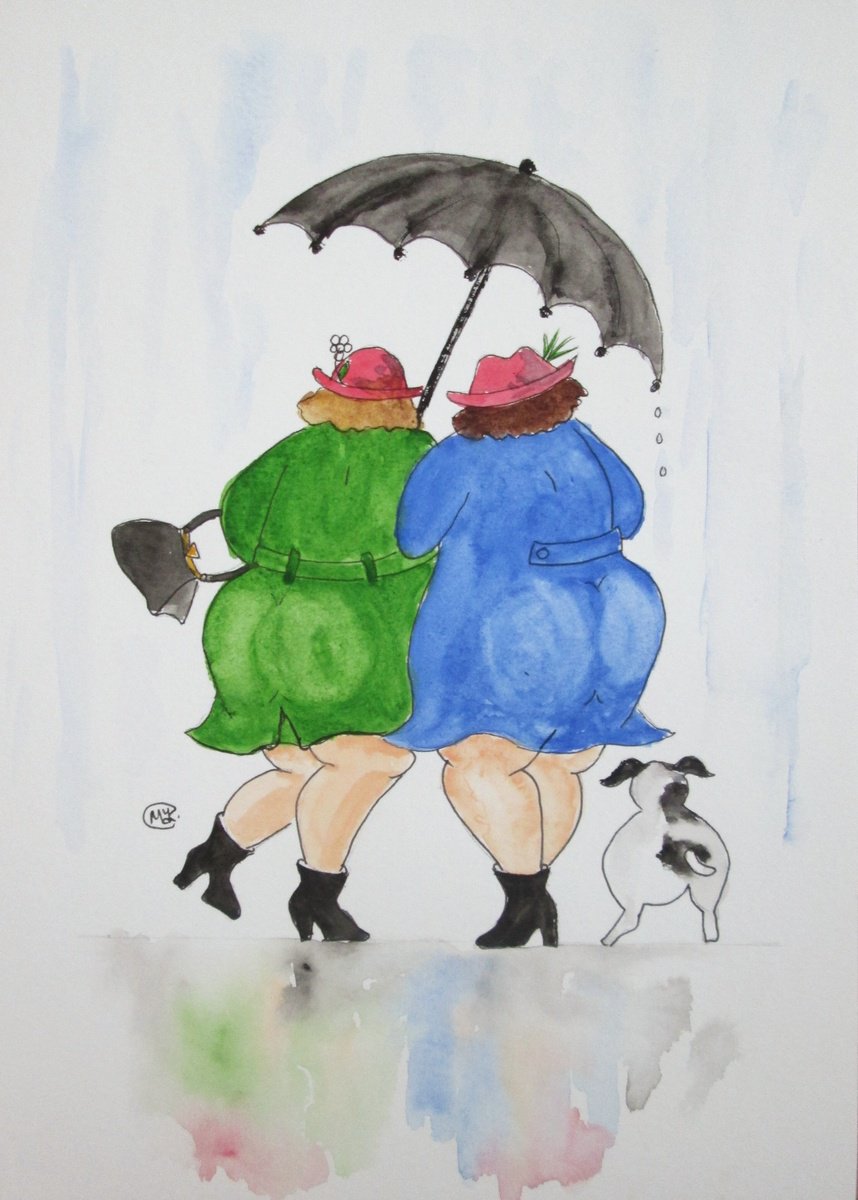 Expressive Portrait Painting By Marjansart, 8 X 12", Dog And Two Curvy Girls, Original Artwork