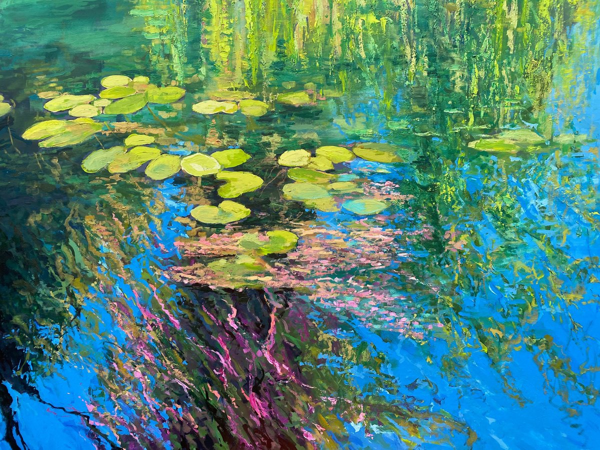 Impressionistic Landscape Oil Painting By Simon Jones, 48 X 36", Water Lilies Ii, Original Artwork