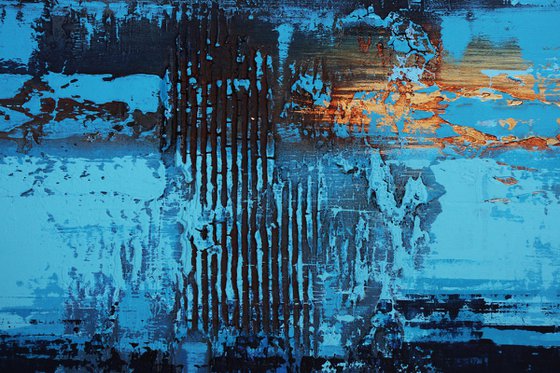 RUST AND BLUE - 120 X 80 CMS - ABSTRACT PAINTING TEXTURED * BLUE * RUST * GOLD
