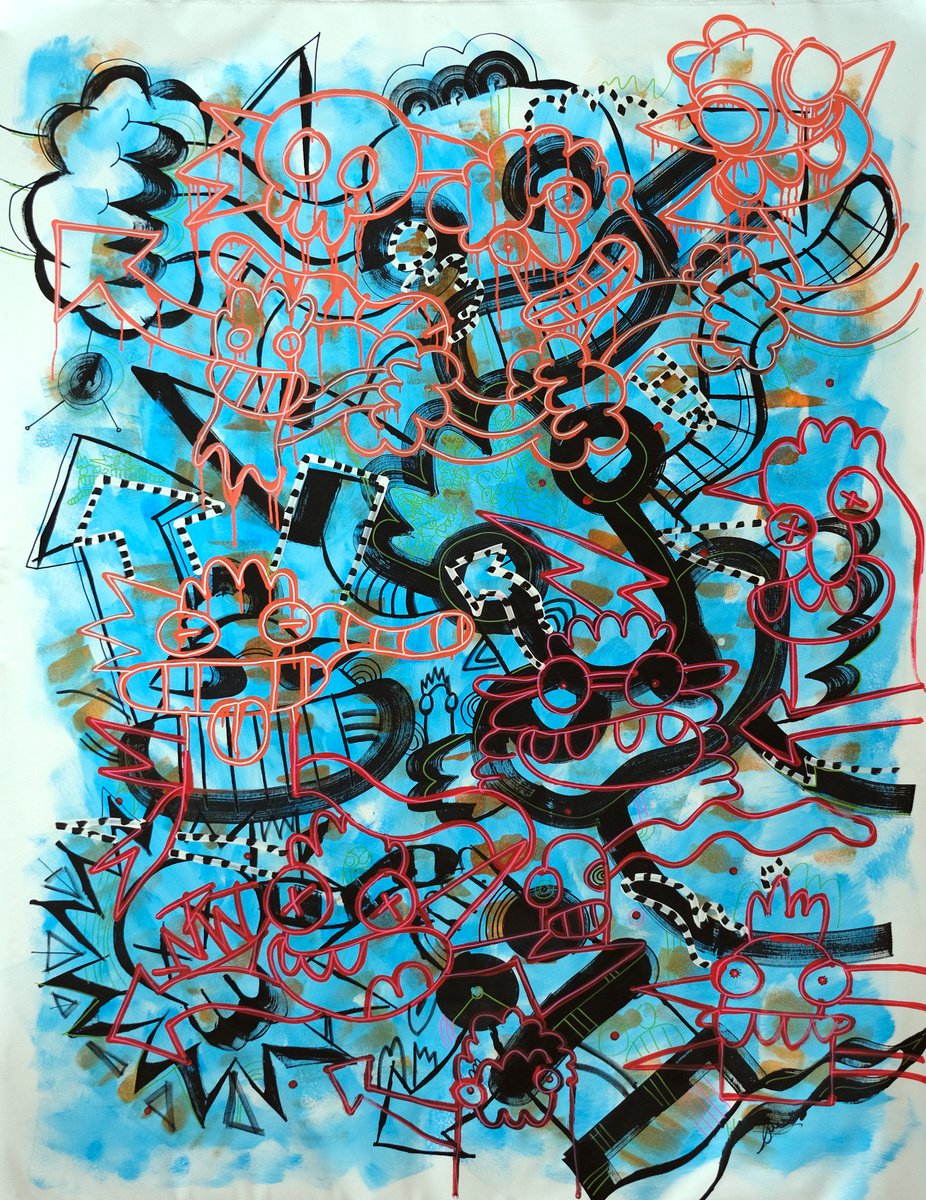 Urban And Pop Abstract Painting By Fatin Rahmouni, 61 X 87, Blue Wall, Original Artwork