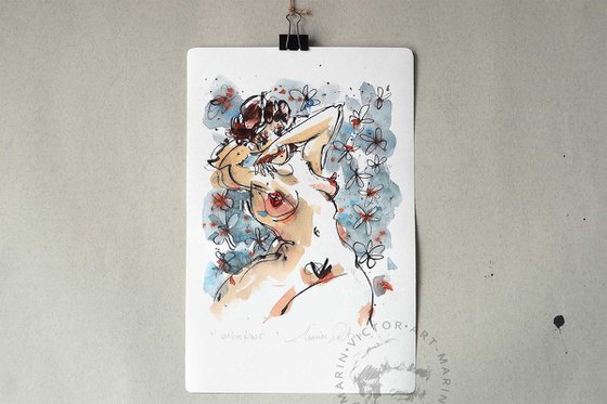 Nude in blue background.