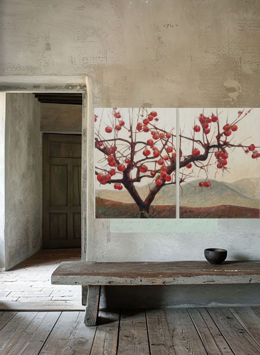 Impressionistic Botanical Acrylic Painting By Ida Harm, 55 X 39, Caki Trees, Original Artwork