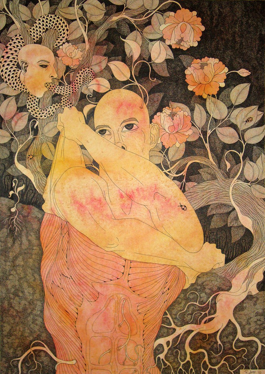 Surrealistic Portrait Painting By Rudra Kishore Mandal, 21 X 29", Resurrection, Original Artwork