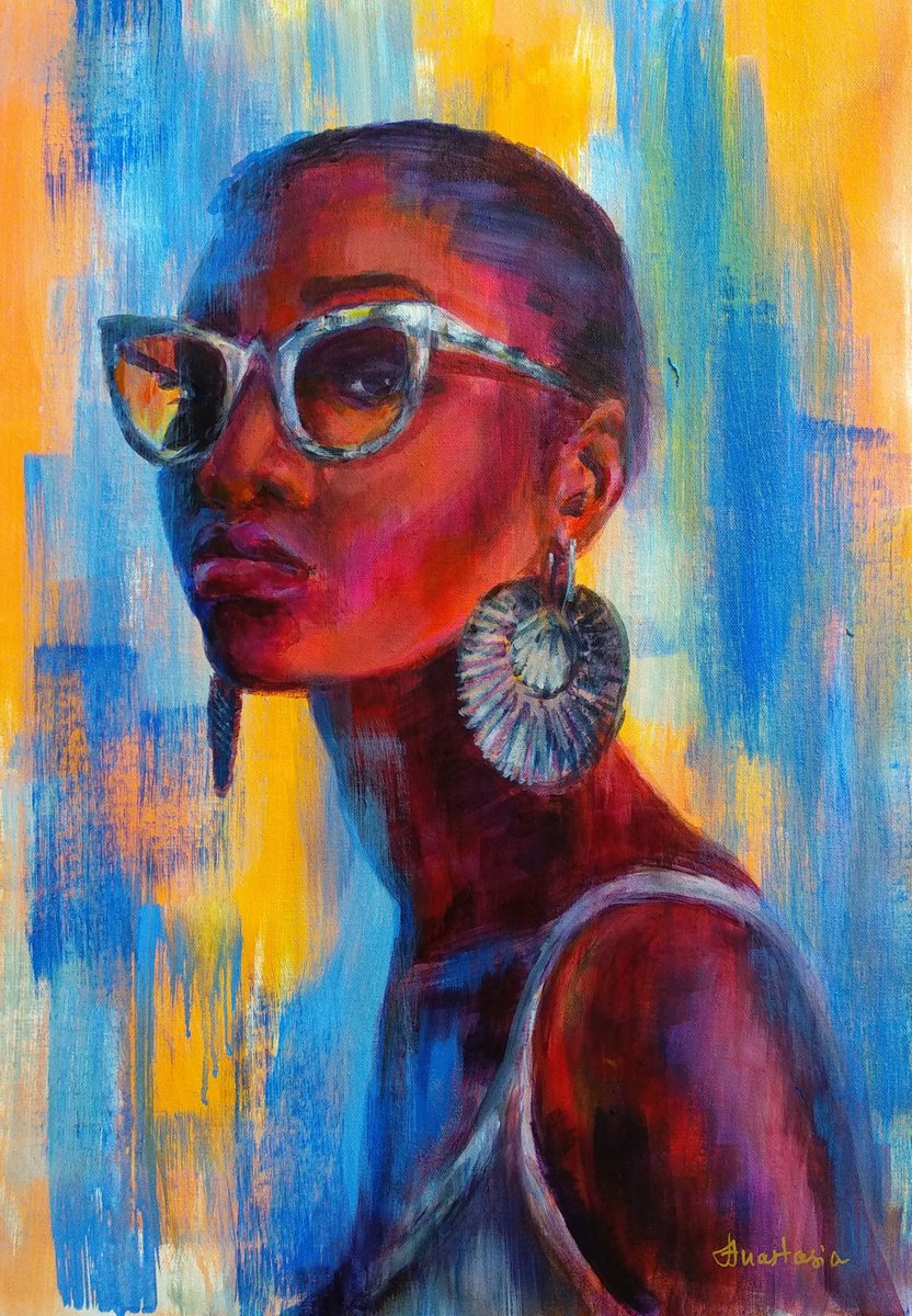 Sunglasses My World My Rules Acrylic Expressionism Beautiful Woman Portrait by Anastasia Art Line