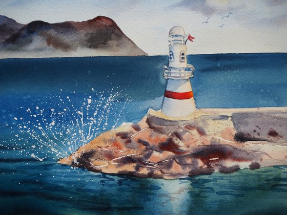 Lighthouse and Greek island view - original watercolor