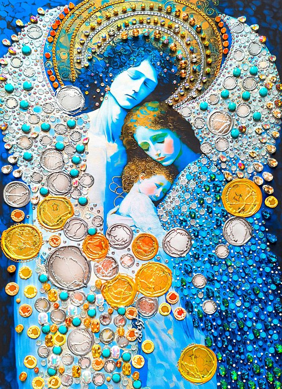 Guardian angel - Love original painting. Blue silver golden decorative artwork with Turquoise, amber, gold leaf