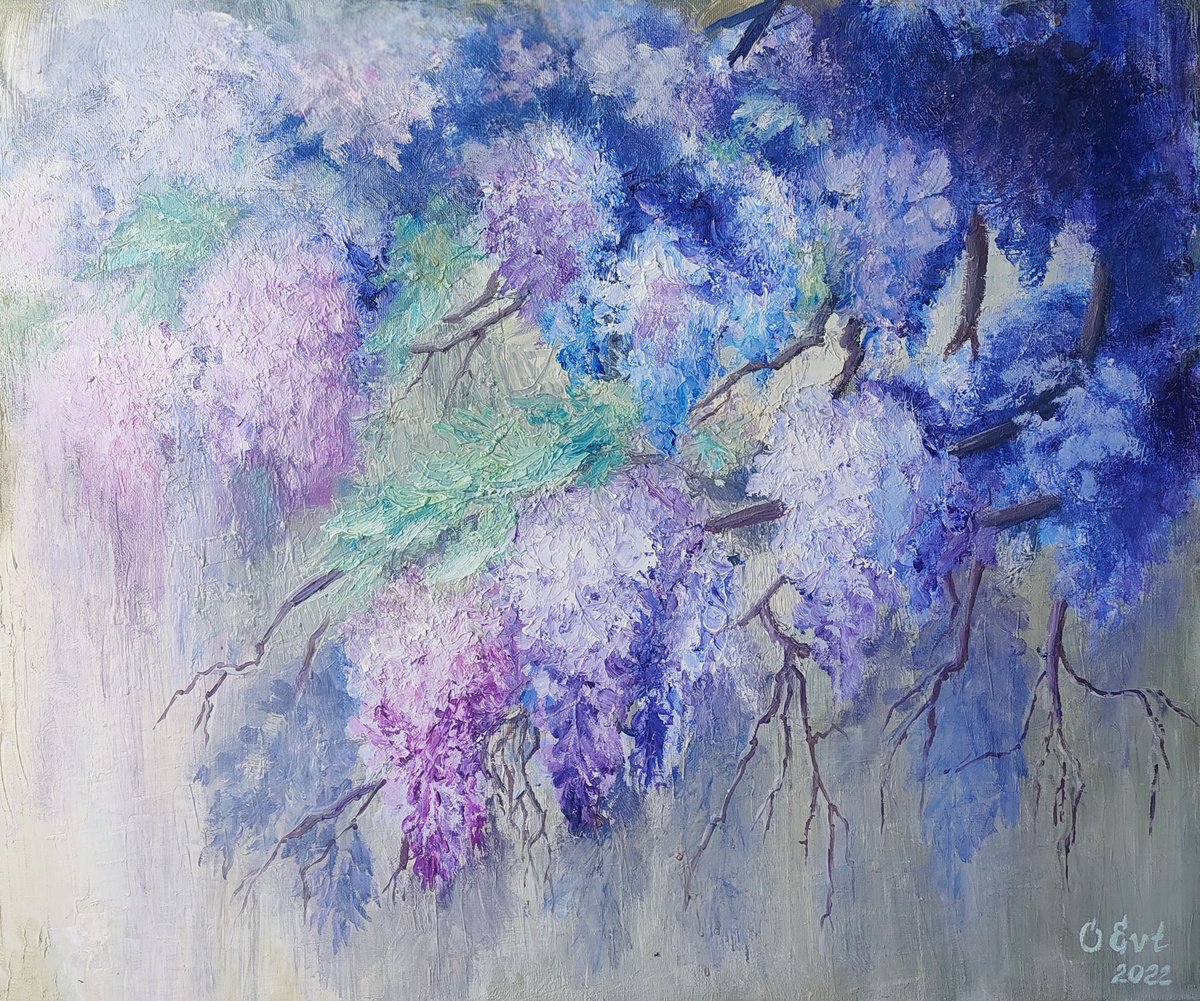Impressionistic Botanical Oil Painting By Oksana Siciliana, 24 X 20", Wisteria Will Blossom Again, Original Artwork