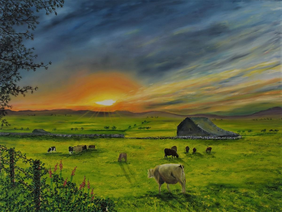 Impressionistic Landscape Oil Painting By Hazel Thomson, 50 X 37, Sunset Over The Feilds, Original Artwork