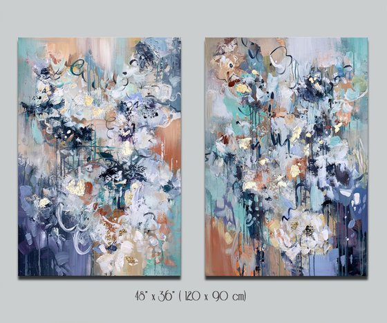 Paradise Vision - Flowers painting 48" x 36" Abstract Flower Art, Set of Two Paintings, Multi Panel Abstract, ORIGINAL Painting, Gold Leaf Painting, Black and Gold, Large Art