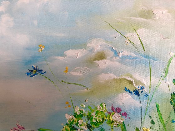 SPRING FIELD - Sky. Clouds. Wildflowers. Daisies. Cornflowers. Green field. Fragrances. Joy. Freshness.