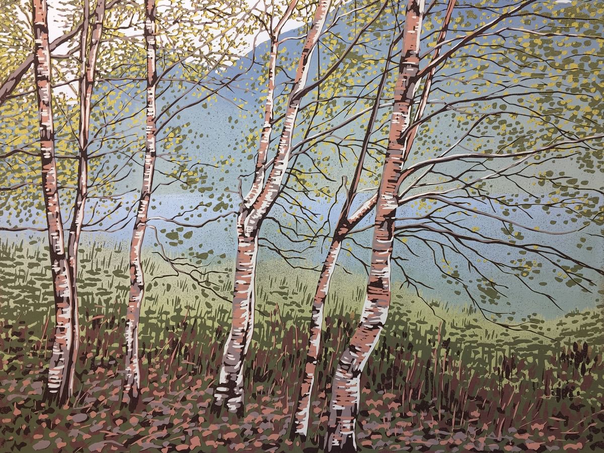 Impressionistic Landscape Linocut By Alexandra Buckle, 18 X 14, Grasmere Birches, Original Artwork