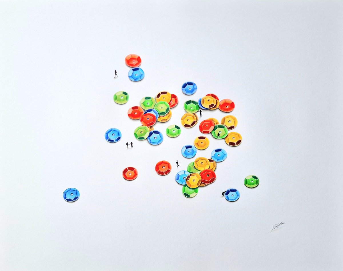 Urban And Pop Still Life Pencil Drawing By Daniel Shipton, 20 X 16, Fallen Sequins, Original Artwork