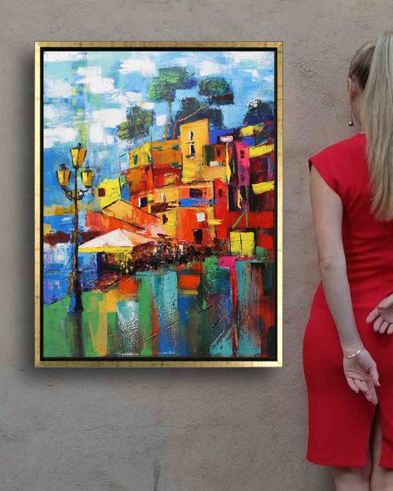Sorrento view, Italian Cityscape, Italy Sorrento, Impressionist Landscape Italy, Gestural Artwork, Expressive City Landscape, Italy Painting, Mediterranean Coast Painting